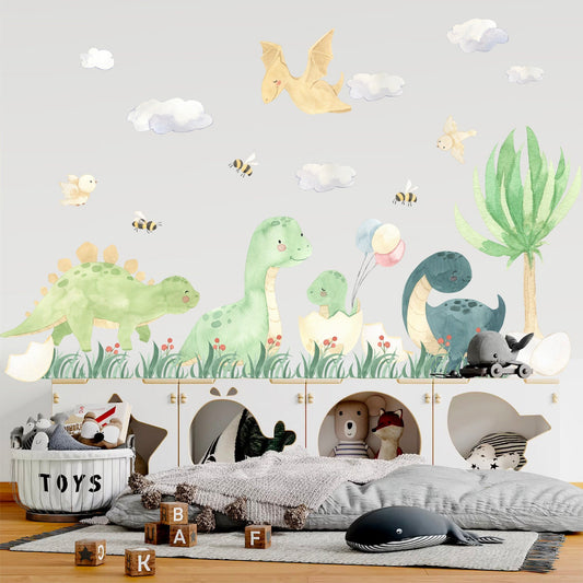 Watercolor Dinosaurs with Bee and Bird Jurassic Park Removable Wall Decal - Boy's Gift - BR127