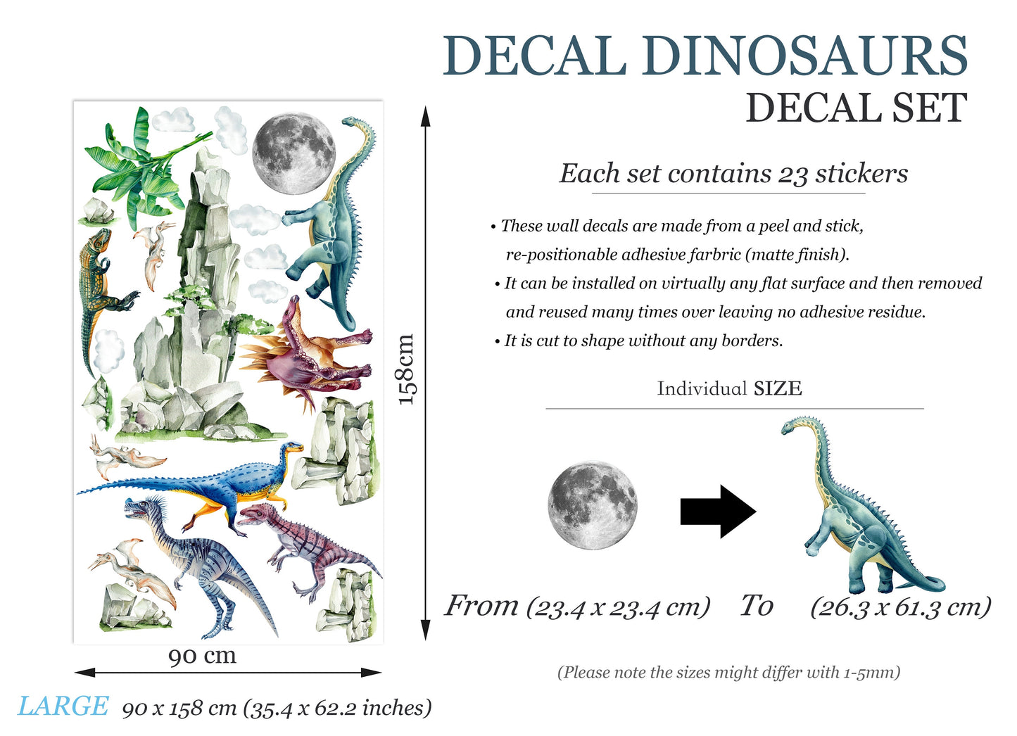 Jurassic Park Dinosaurs under Moon and Tropical Palm Trees Wall Decal - Boy Room Decor - BR351