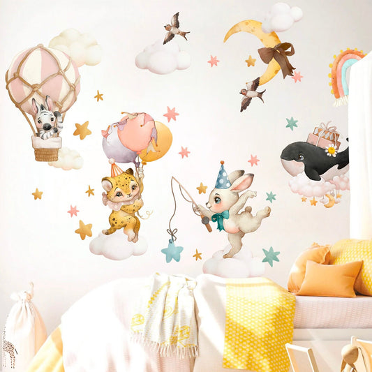 Baby Animals Riding Clouds and Hot Air Balloons into Starry Sky - Whale Zebra Leopard Rabbit Rainbow - Removable Wall Decal - BR143