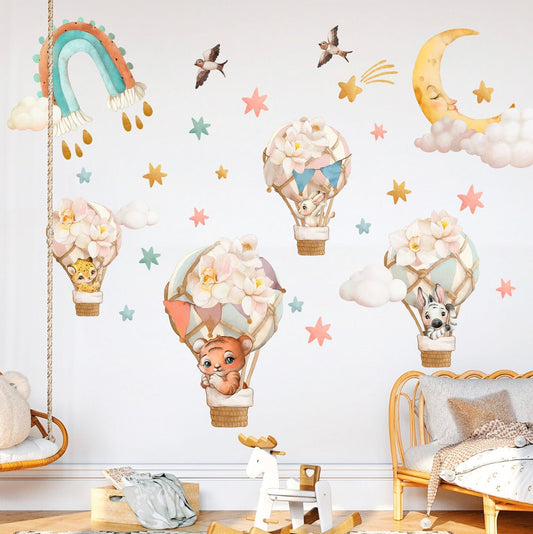 Baby Animals Soaring in Floral Hot Air Balloons Amid Rainbow Moonlit Sky Peel and Stick Wall Decal - BR144