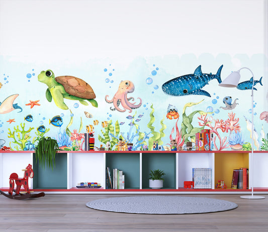 Underwater Creatures Fabric Wall Mural - Adorable Sea Life in Watercolor - WM032