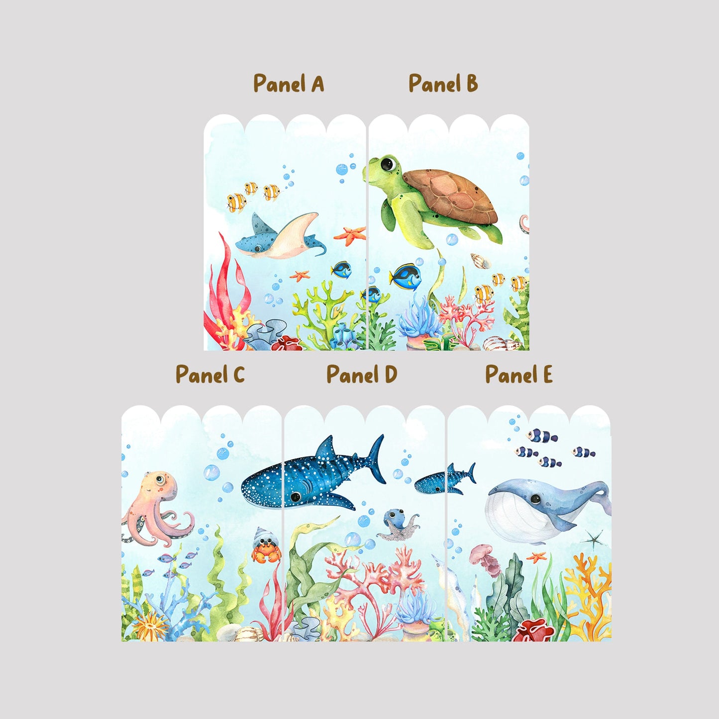 Underwater Creatures Fabric Wall Mural - Adorable Sea Life in Watercolor - WM032