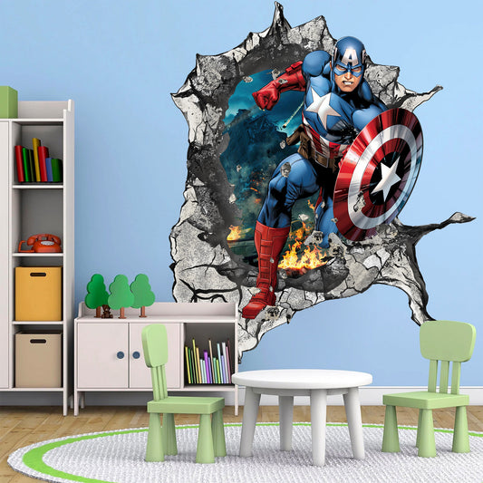 Running Captain America Breaks Through Wall 3D Broken Wall Decal - Action Scene - SP005