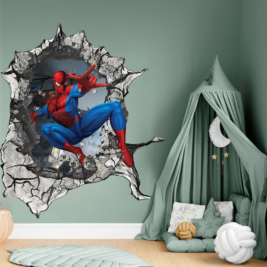 Dynamic 3D Spider-Man Wall Decal - Web-Slinging Battle Scene Breaks Through Wall - SP009