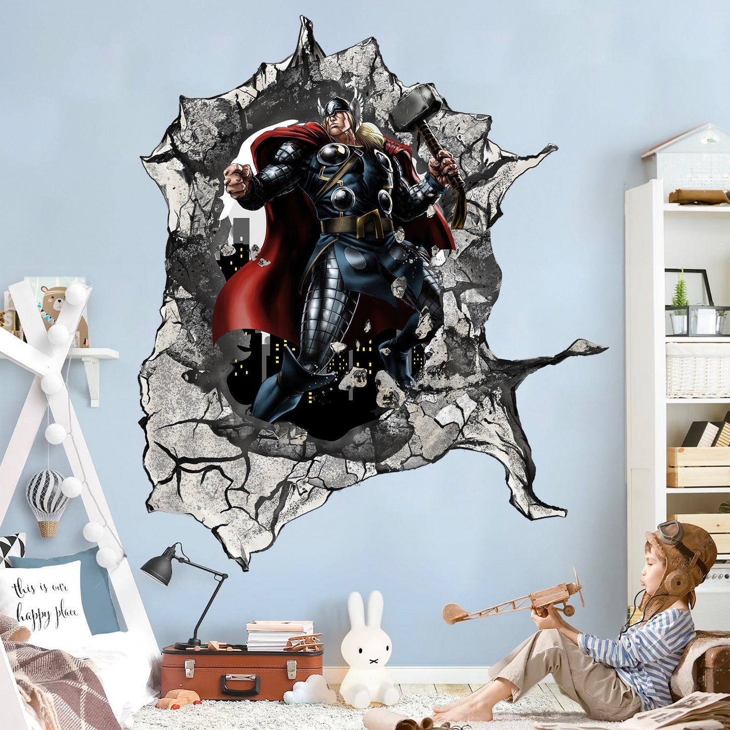 Avengers Superhero Thor 3D Broken Wall Decal - Removable Peel and Stick - SP011