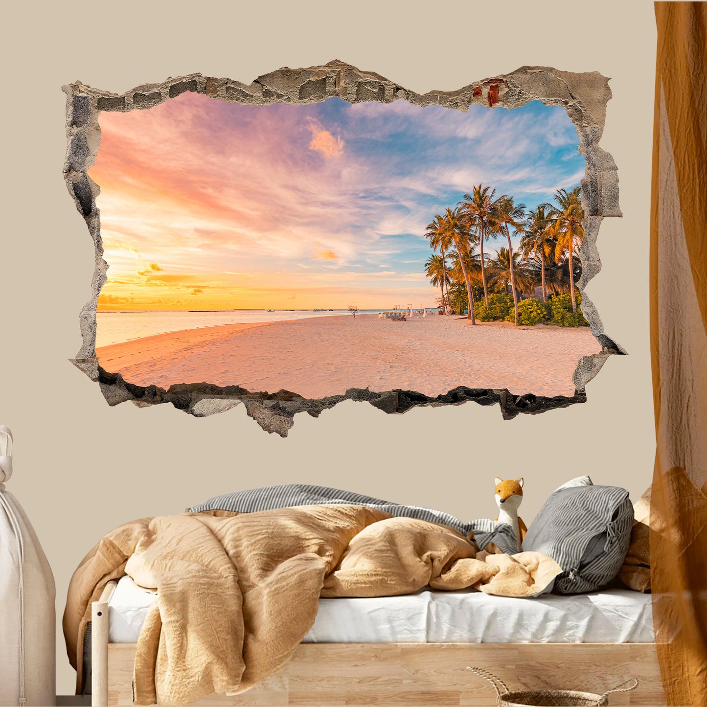 3D Ocean Sunset Wall Decal - Stunning Beach View Through Realistic Cracked Wall, Tropical Palm Trees, and Azure Seascape - BW015