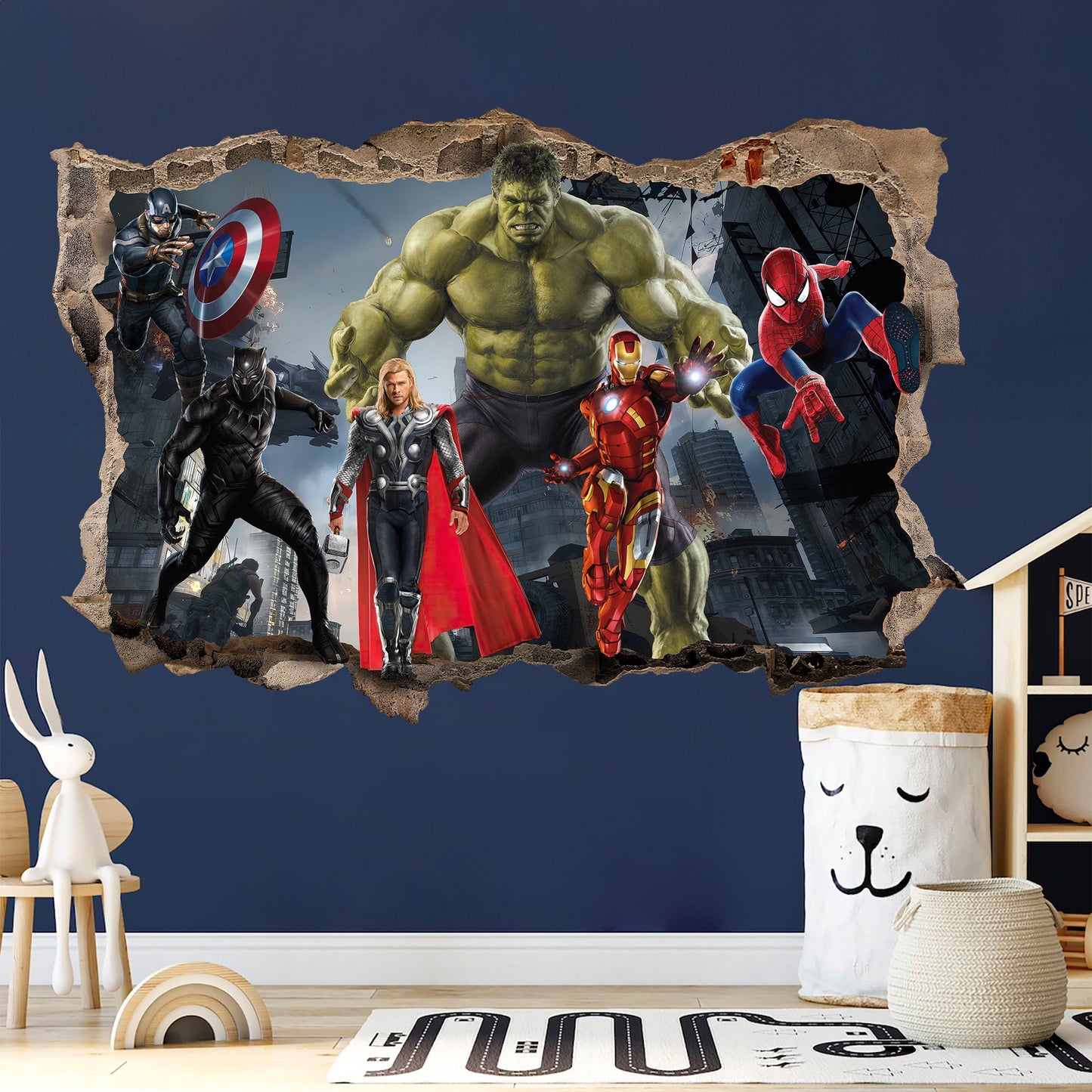 Avengers Superhero Dynamic 3D Decal Superheroes Battling Through Broken Wall Decal for Kids' Rooms - SP016