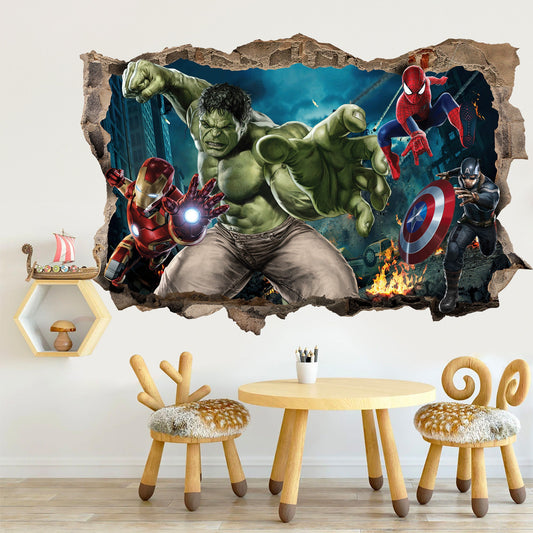Avengers Superhero 3D Wall Decal - Avengers Superheroes Battling Breaking Through Walls! - SP018