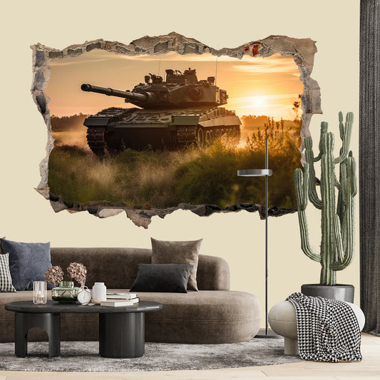 3D Tank Sunset Wall Decal - Tank Rolling on Meadow at Sunset, Room Decor - BW017