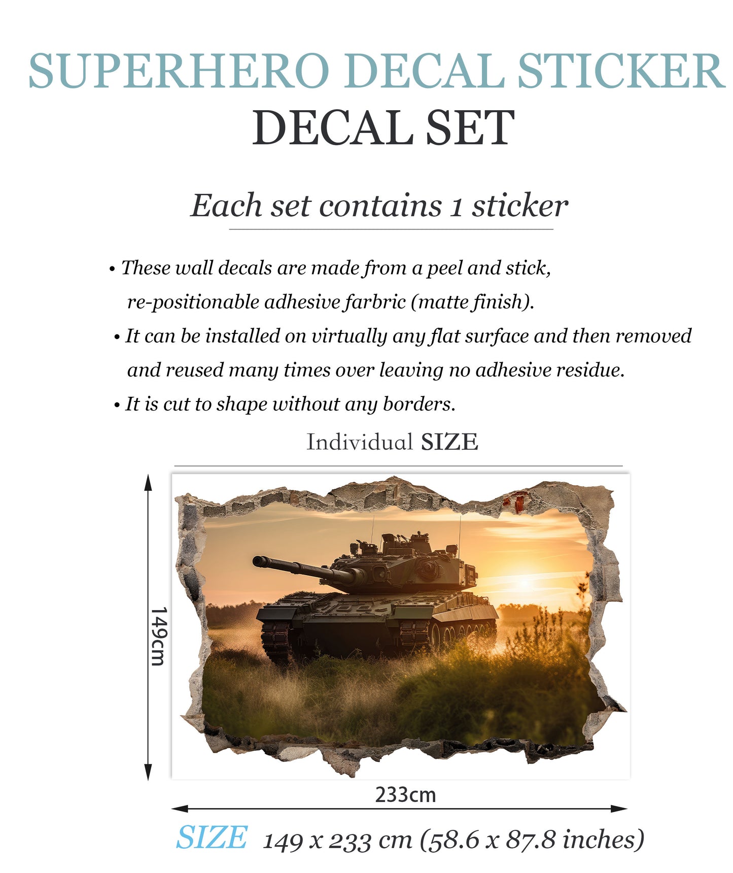 3D Tank Sunset Wall Decal - Tank Rolling on Meadow at Sunset, Room Decor - BW017