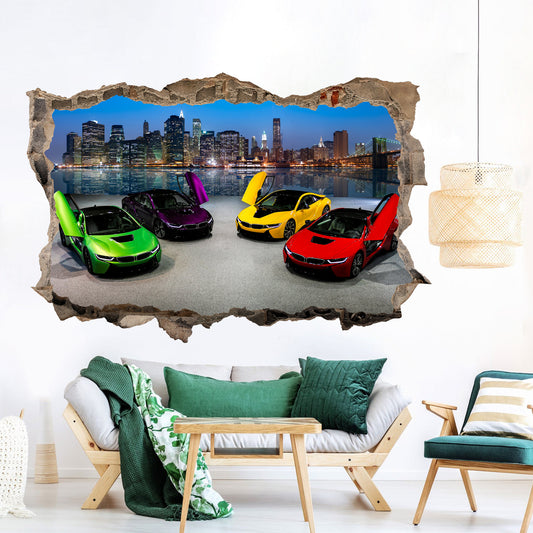 Urban Night Escape - Supercars Burst 3D Broken Wall Decal - Removable Peel and Stick - BW002
