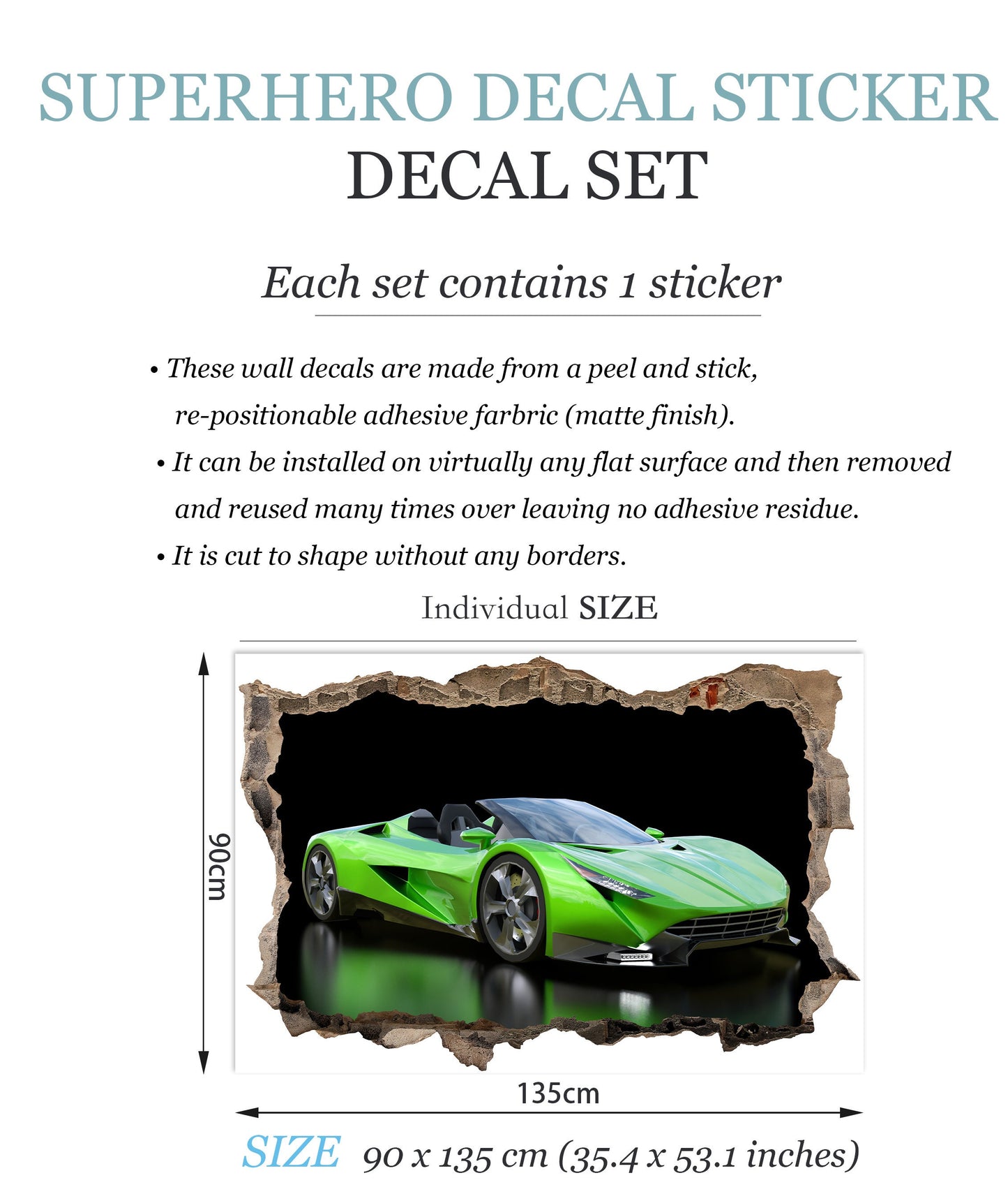 Cool Green Supercar 3D Wall Decal - Smashed Wall Effect - BW014