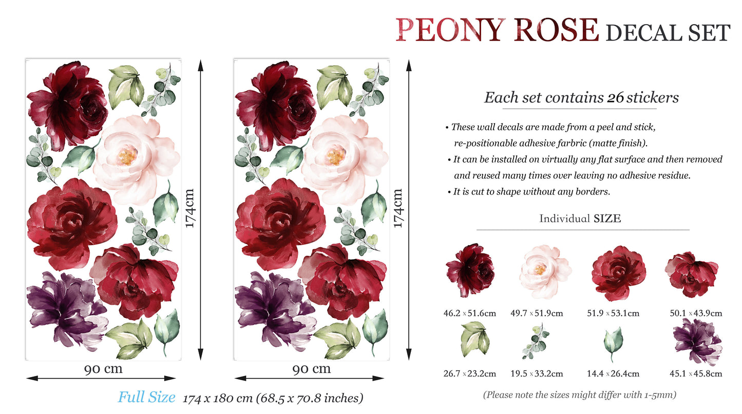Floral Burgundy Peonies Wall Decal - BR030