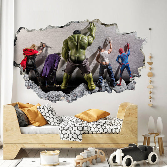 Humorous Avengers Superhero 3D Wall Decal Behind Broken Wall - SP022