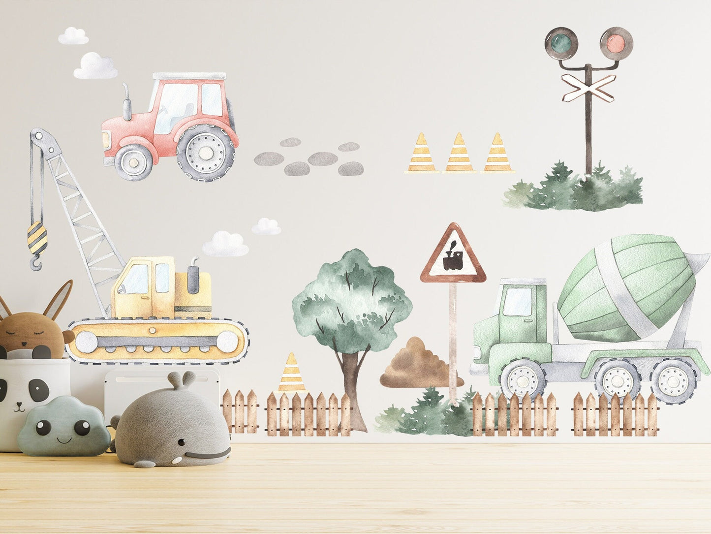 Country Style Construction Trucks Tractors Diggers Removable Wall Decal Boys Room Gift - BR097