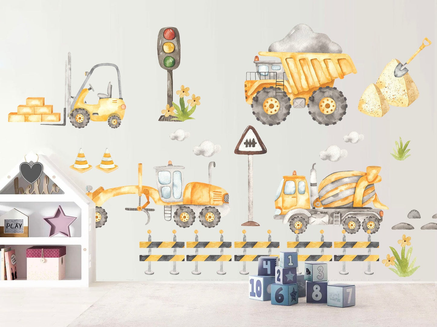 Trucks Bulldozer Tractors Diggers Behind Roadblocks Construction Site Removable Wall Decal - Boys Room Gift - BR175