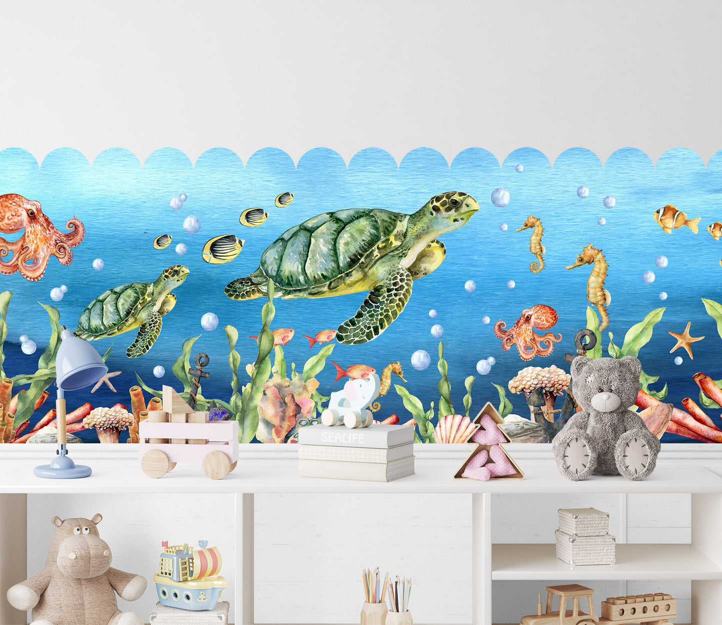 Cartoon Underwater Fabric Wall Mural - Adorable Sea Creatures, Turtles, Octopuses, Seahorses Swimming in Beautiful Watercolor - WM033