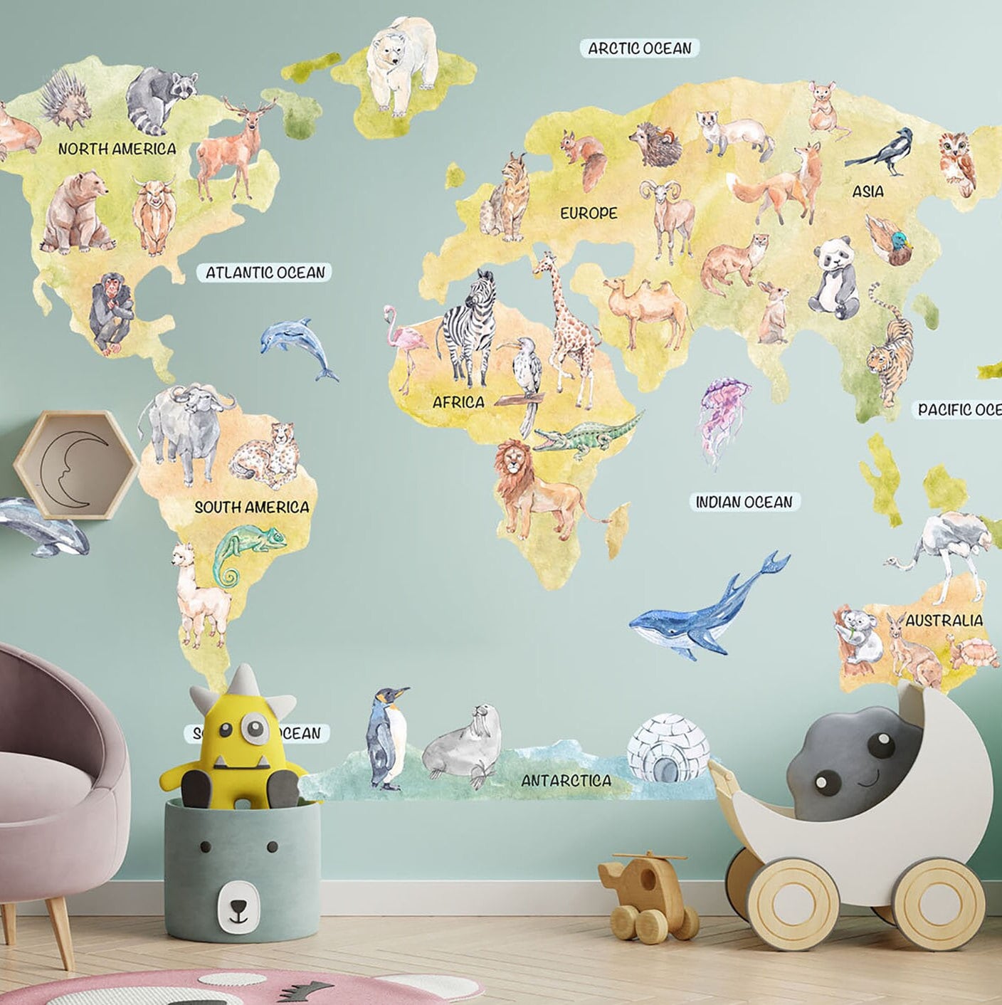 Wildlife World Map Removable Wall Decal - Representative Animals - BR183