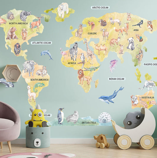 Wildlife World Map Removable Wall Decal - Representative Animals - BR183