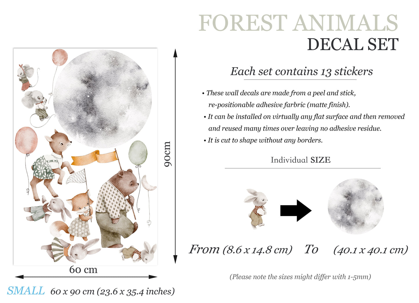 Adorable Animal Babies Strolling Under Full Moon with Balloons and Flags Removable Wall Decal - BR230