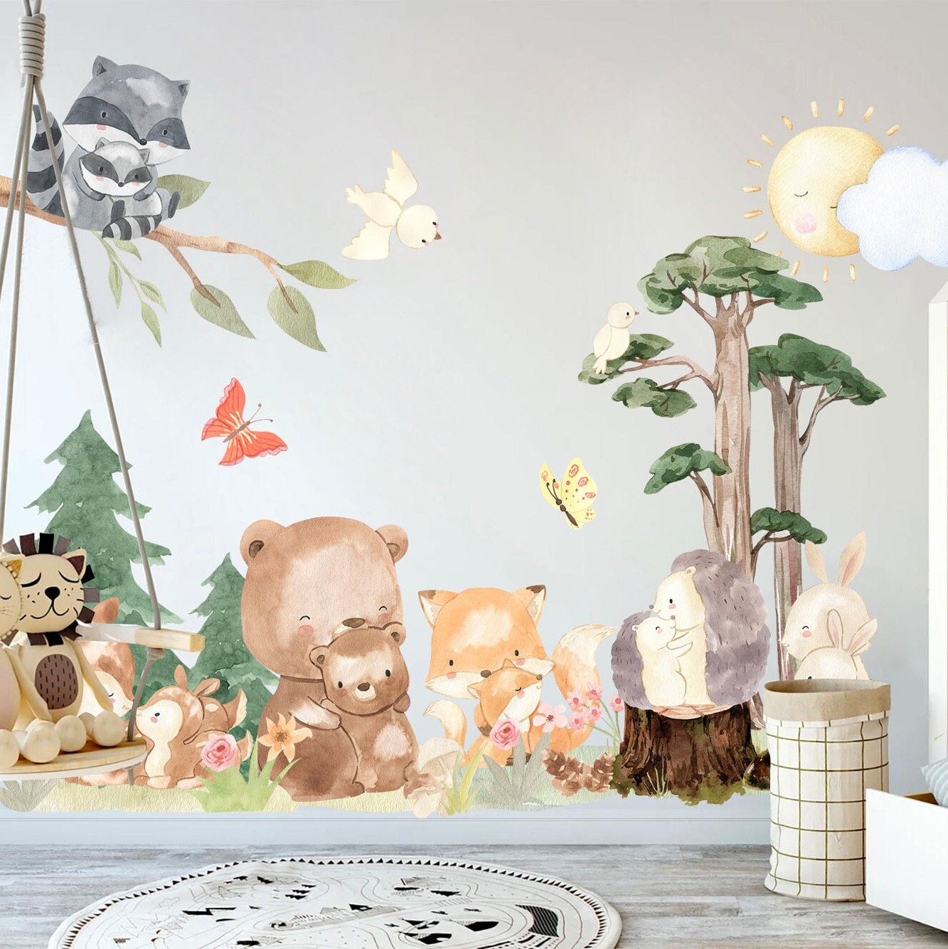 Forest Fun: Animal Moms and Babies Removable Nursery Wall Decal - Raccoon, Hedgehog, Rabbit, Fox - BR159