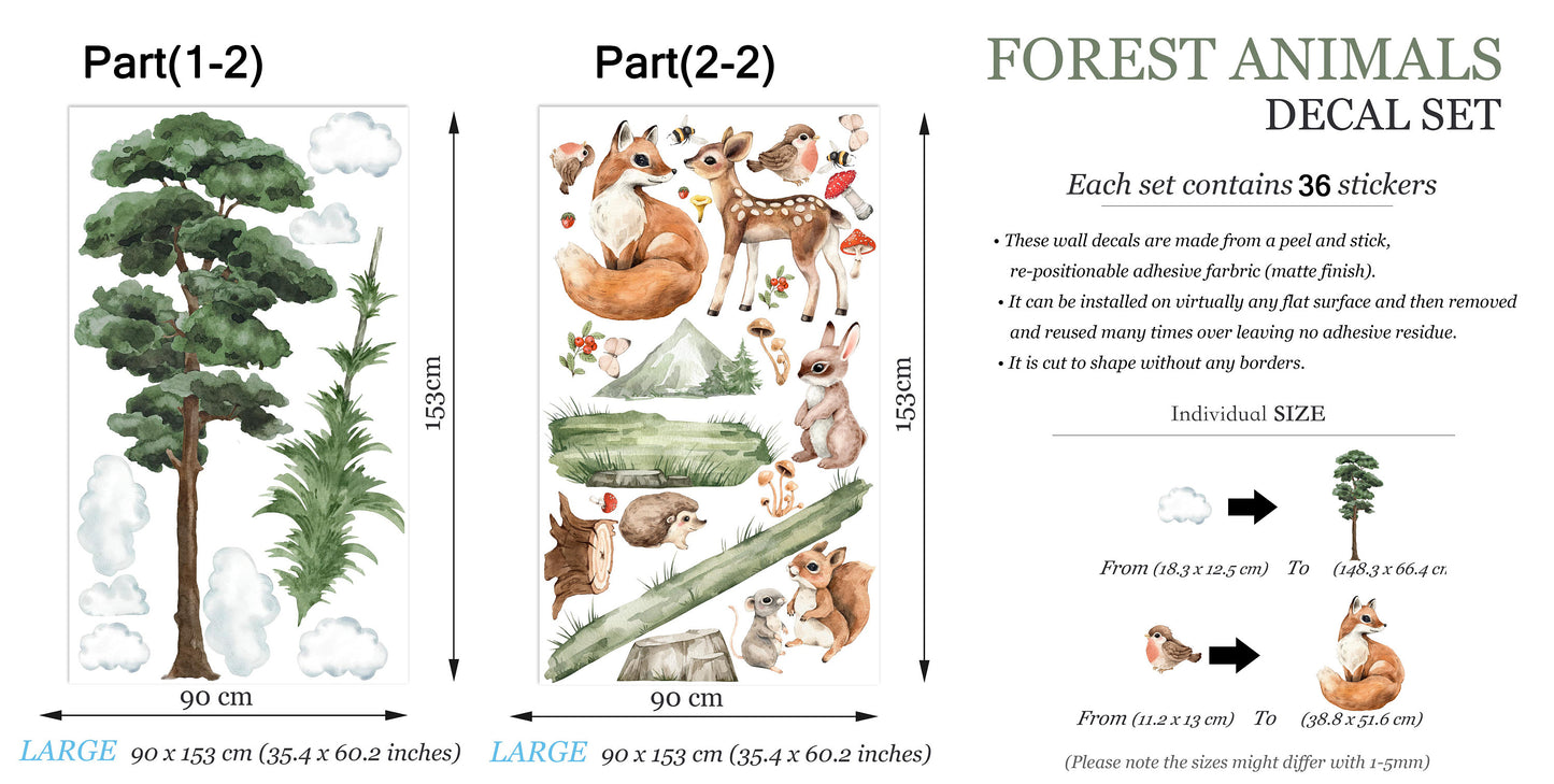 Woodland Baby Animals Cartoon Forest Wall Decal - Bunny Squirrel Fox Deer Bird Hedgehog - BR332