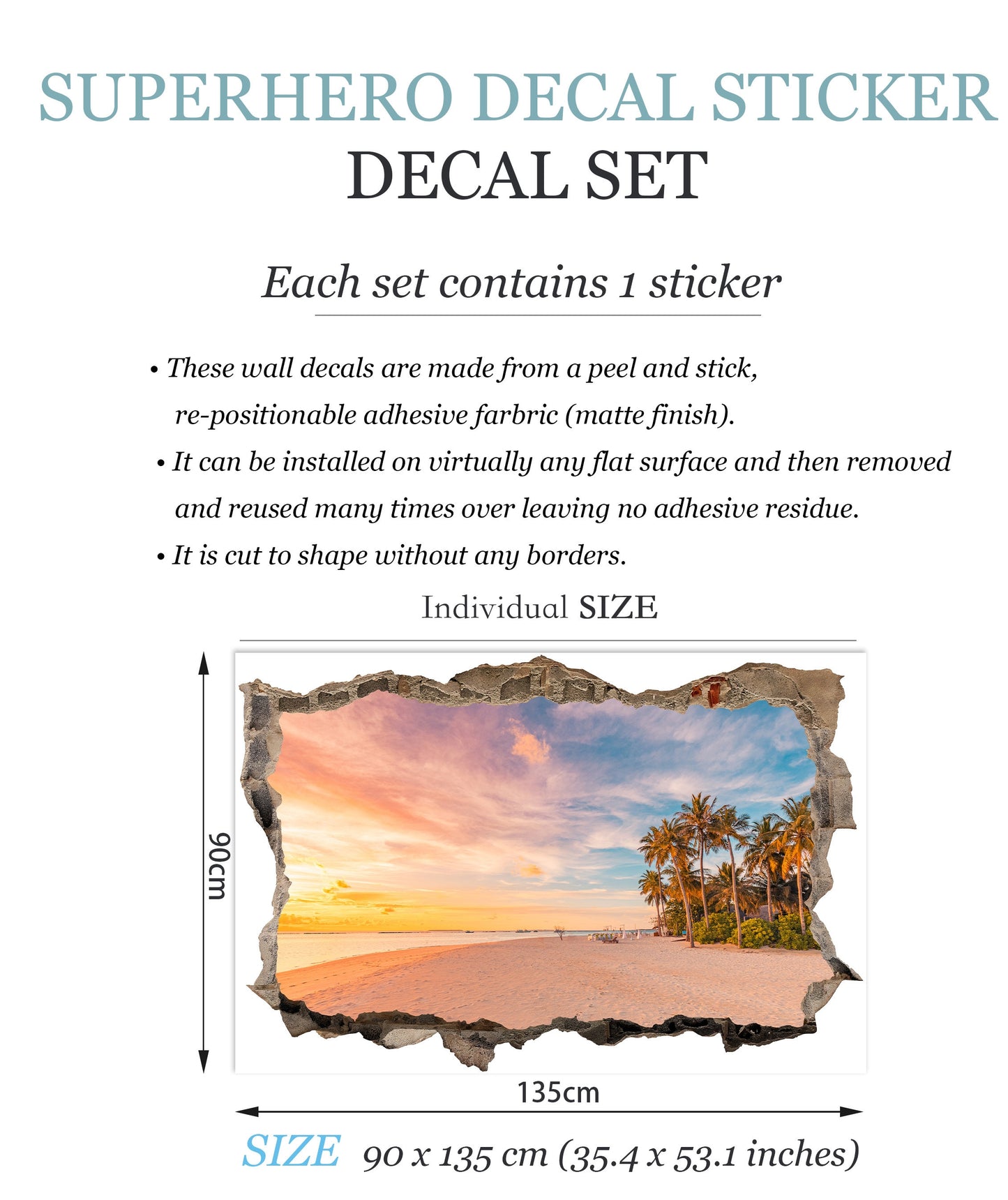 3D Ocean Sunset Wall Decal - Stunning Beach View Through Realistic Cracked Wall, Tropical Palm Trees, and Azure Seascape - BW015