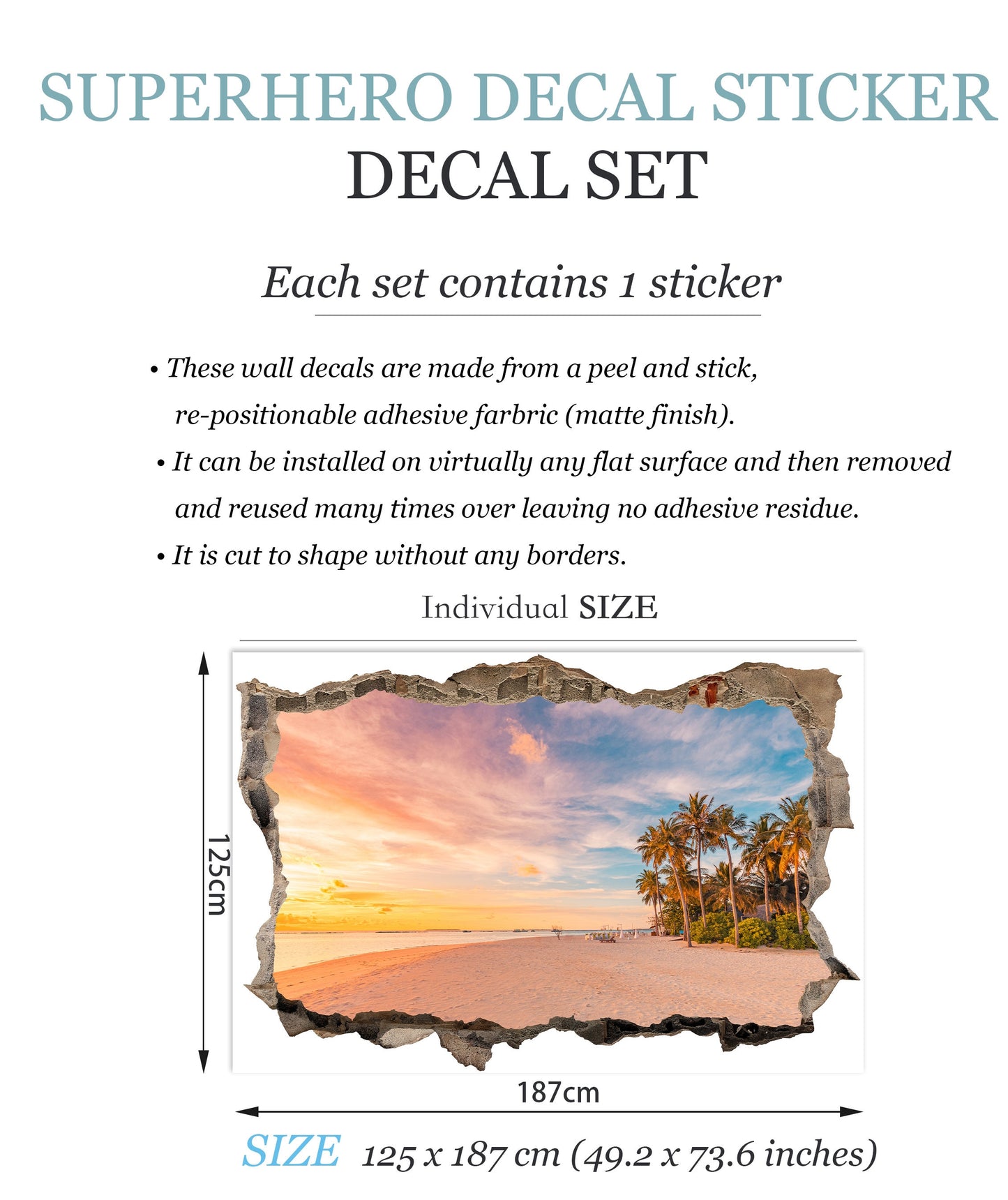 3D Ocean Sunset Wall Decal - Stunning Beach View Through Realistic Cracked Wall, Tropical Palm Trees, and Azure Seascape - BW015