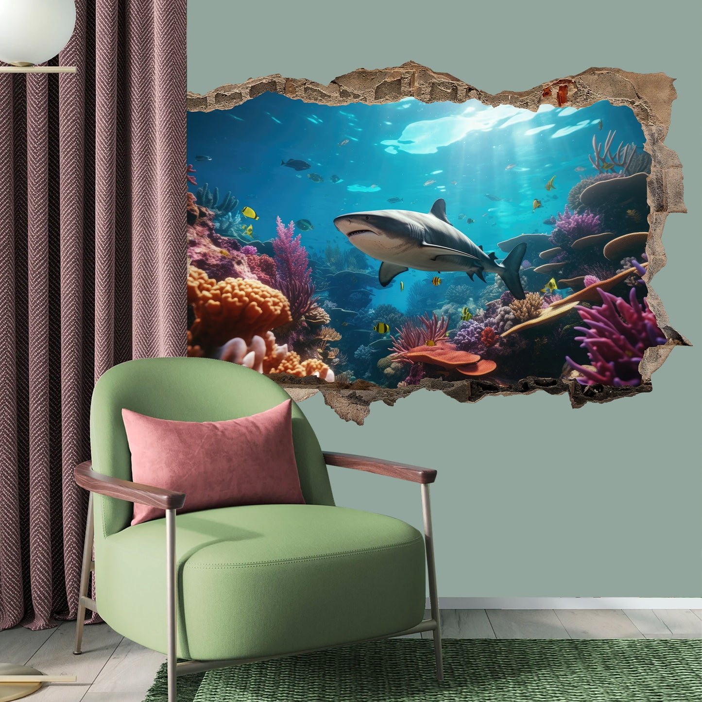 3D Underwater World Wall Decal - Sharks, Colorful Coral Reef, Marine Life, Room Decor - BW016