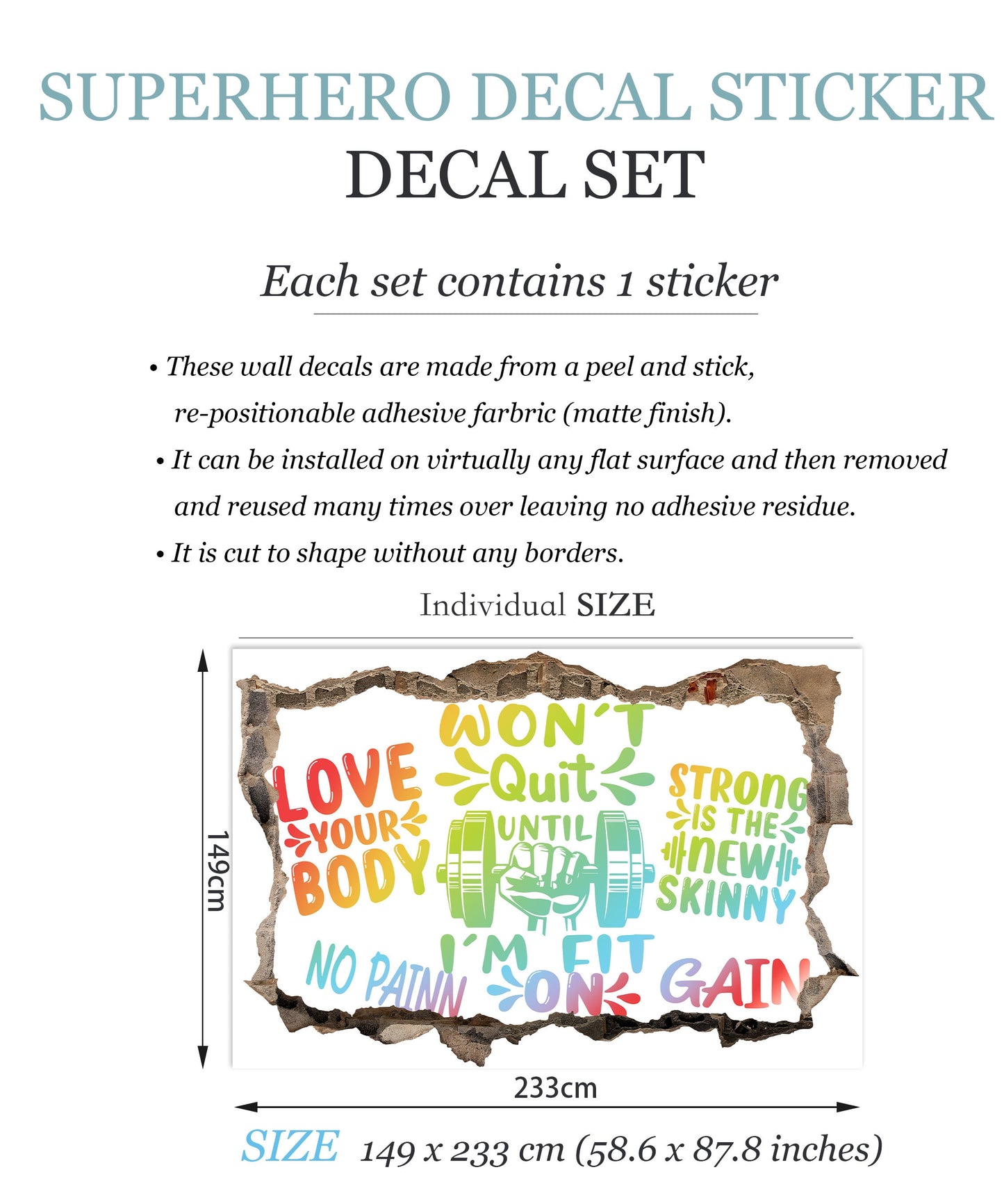 3D Fitness Motivation Wall Decal - Creative Fonts, Inspiring Gym Quotes, Room Decor- BW019