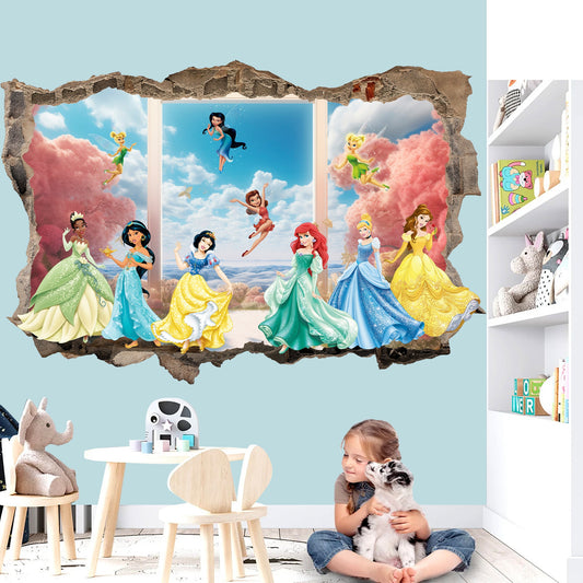 3D Princess Castle Wall Decal - Six Beautiful Princesses, Four Playful Fairy Florals, Room Decor - BW020