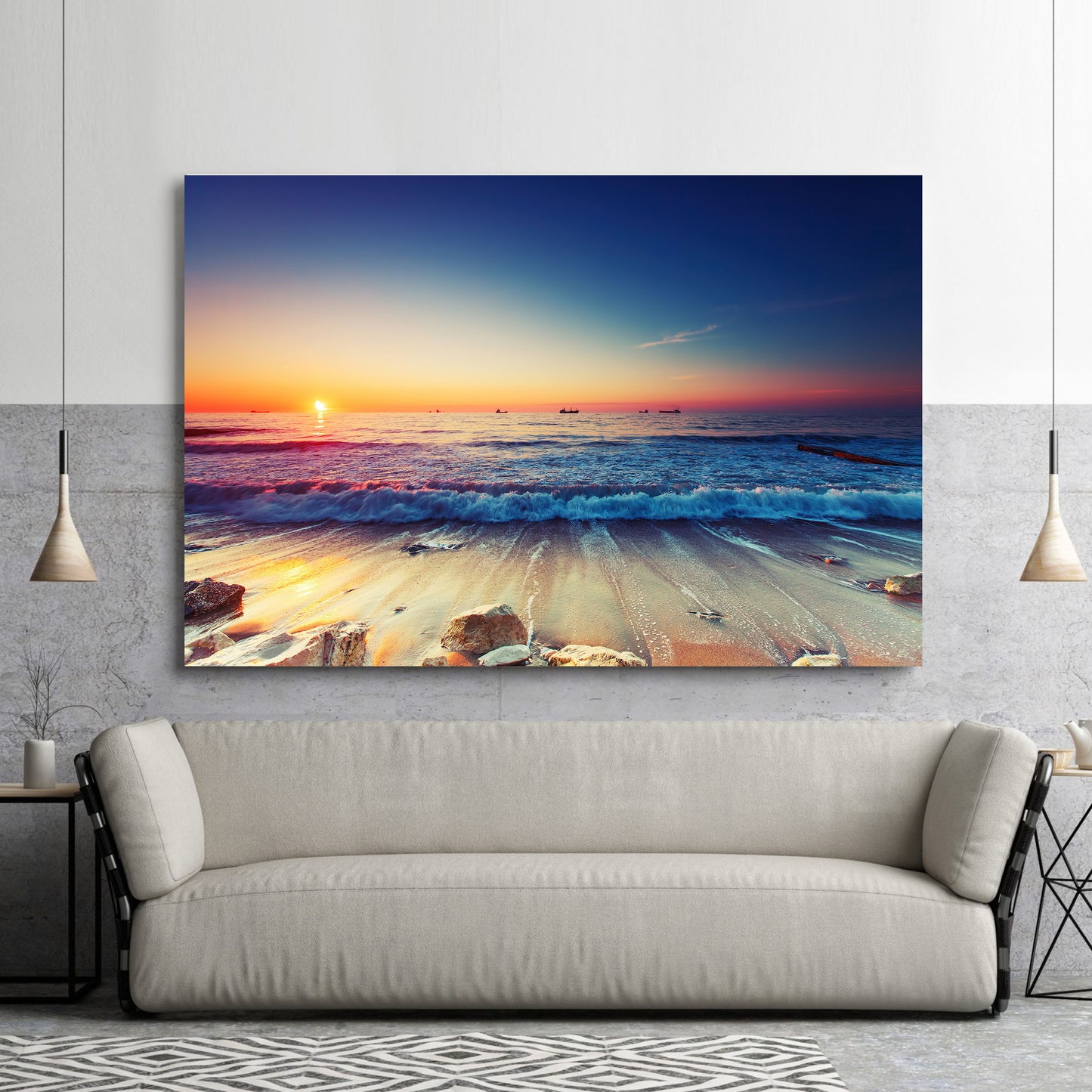 Framed Canvas prints Ocean Sunset sundown Beach view ocean orange wave wall art