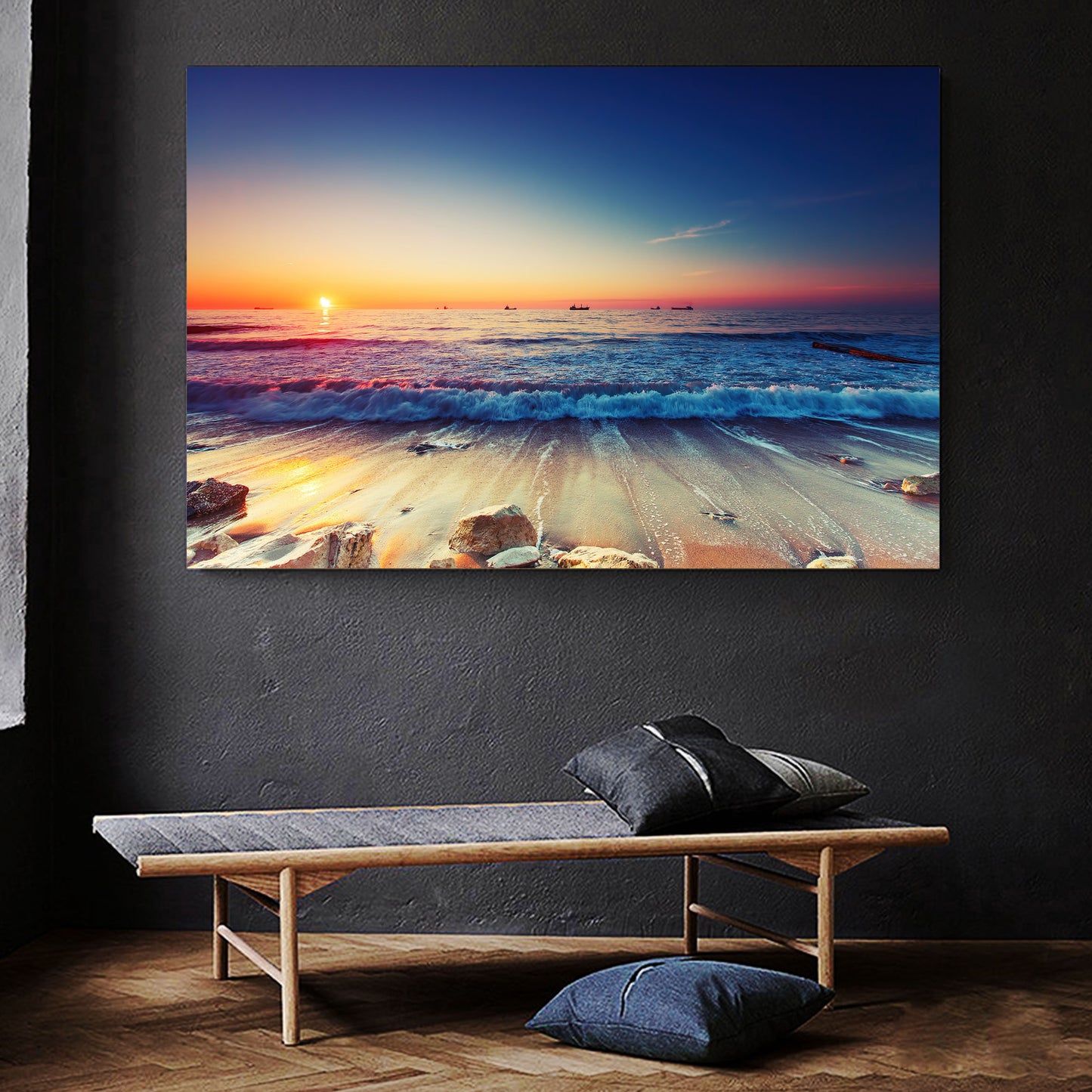 Framed Canvas prints Ocean Sunset sundown Beach view ocean orange wave wall art