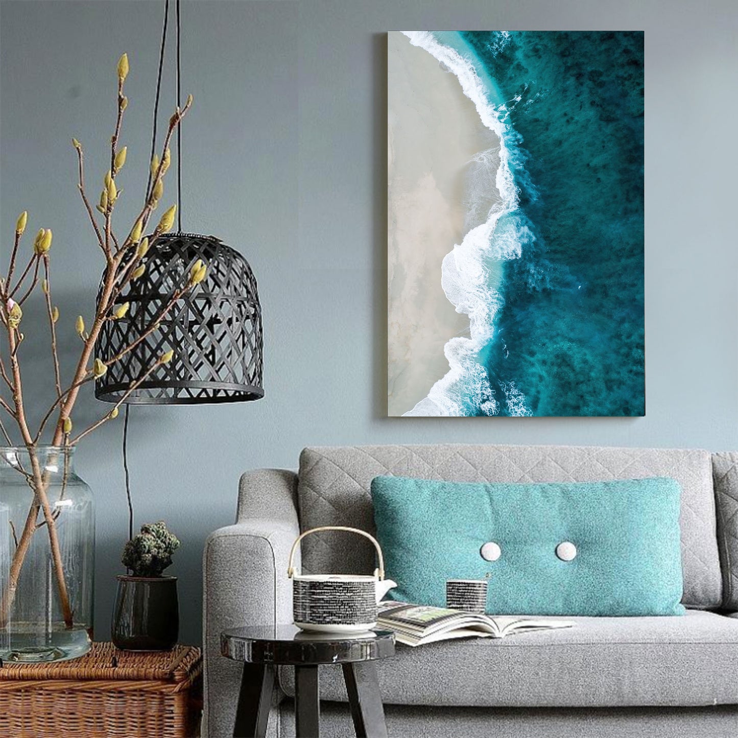 Framed Beach Wave Canvas Aerial View Ocean Print Wall Art Blue Wave White Beach