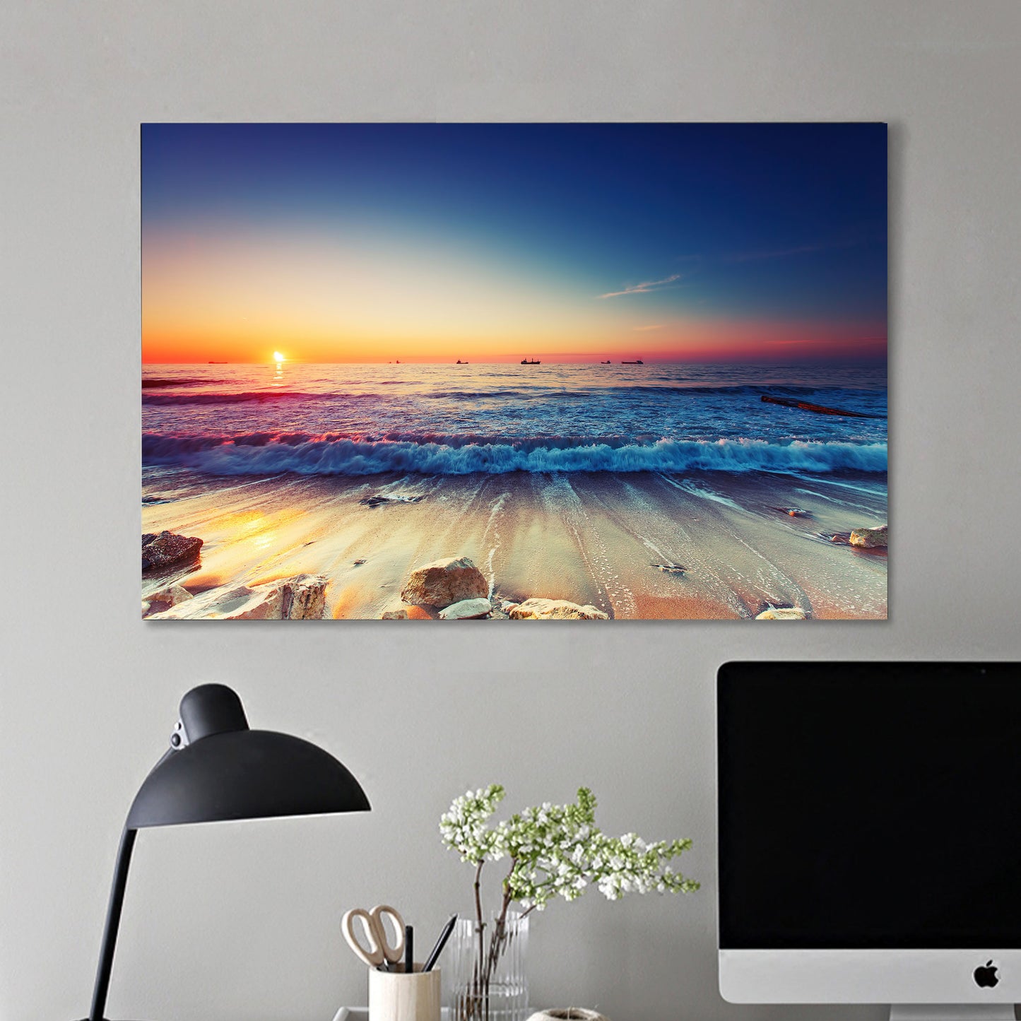 Framed Canvas prints Ocean Sunset sundown Beach view ocean orange wave wall art
