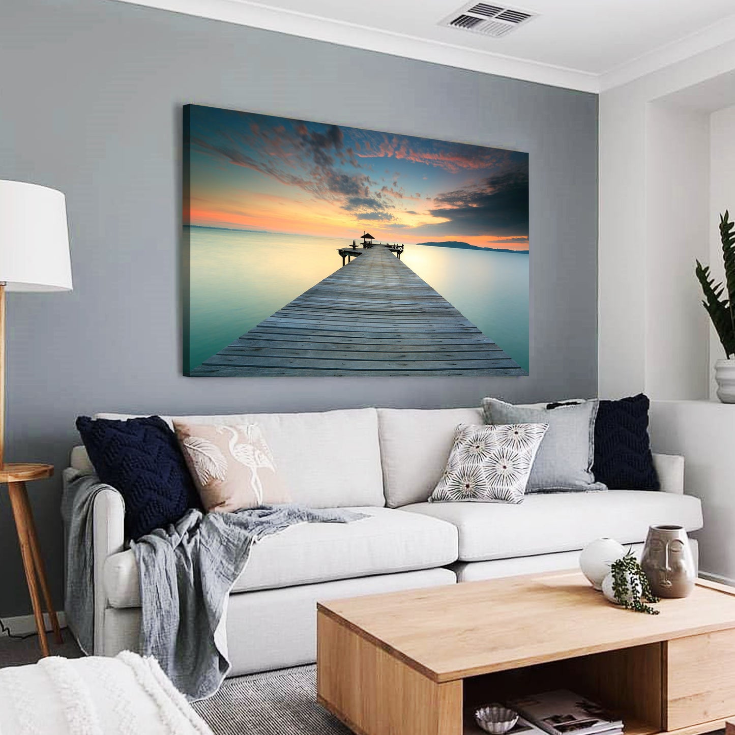 Time lapse Framed Canvas prints Green bridge sunset beach modern wall art