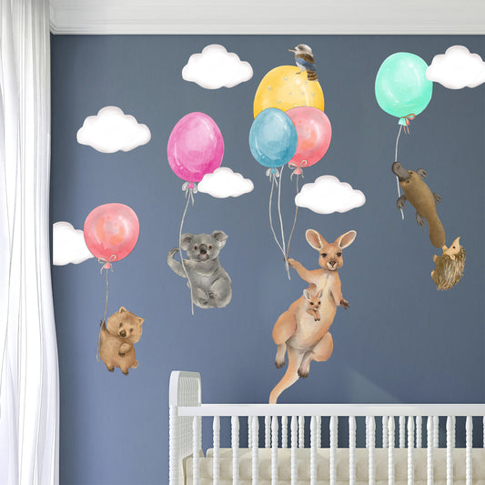 Australian Animals Flying with Balloon Kangaroo Koala Removable Nursery Wall Decal - BR489