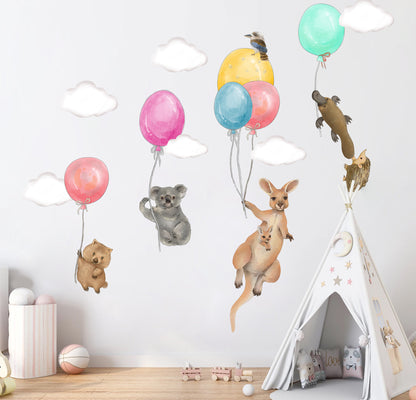 Australian Animals Flying with Balloon Kangaroo Koala Removable Nursery Wall Decal - BR489