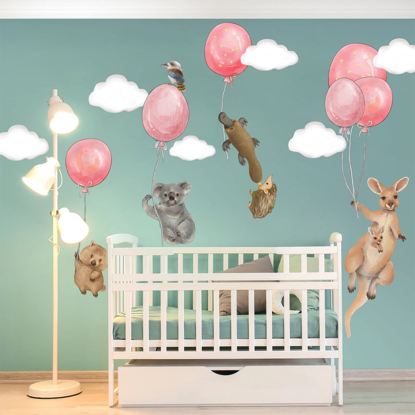 Australian Animals Flying with Balloon Kangaroo Koala Removable Nursery Wall Decal - BR489