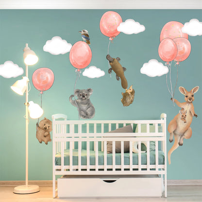 Australian Animals Flying with Balloon Kangaroo Koala Removable Nursery Wall Decal - BR489