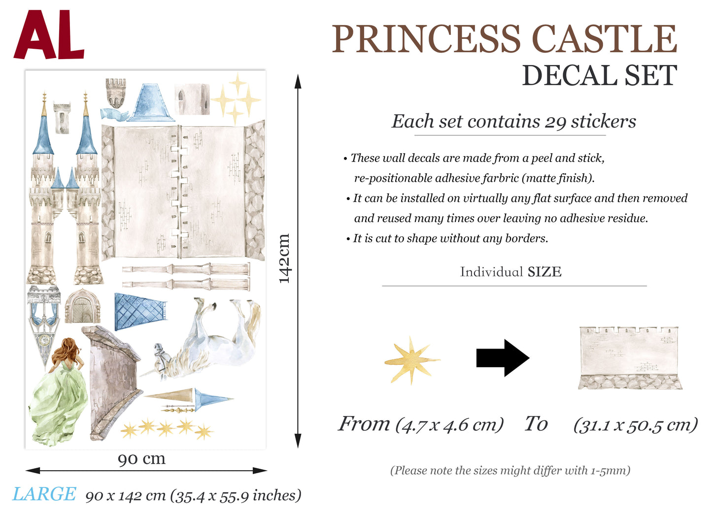 Enchanting Princess Castle Wall Decal Set - Sparkling Stars, Running Princess, and Gallant White Horse - Dreamy Room Decor for Girls - BR181