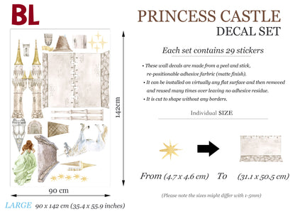Enchanting Princess Castle Wall Decal Set - Sparkling Stars, Running Princess, and Gallant White Horse - Dreamy Room Decor for Girls - BR181