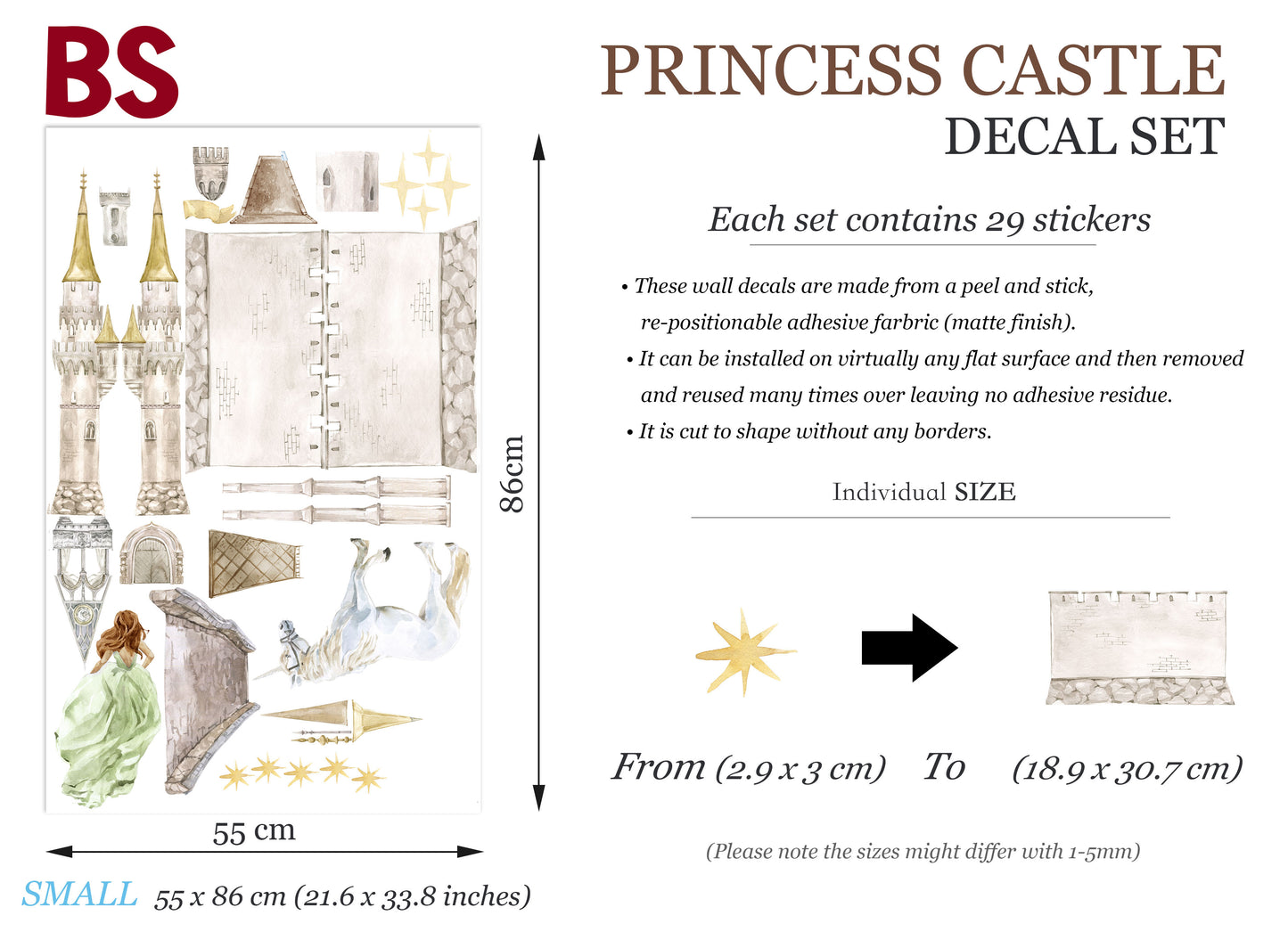 Enchanting Princess Castle Wall Decal Set - Sparkling Stars, Running Princess, and Gallant White Horse - Dreamy Room Decor for Girls - BR181