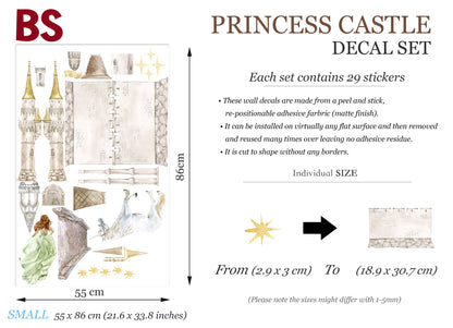 Enchanting Princess Castle Wall Decal Set - Sparkling Stars, Running Princess, and Gallant White Horse - Dreamy Room Decor for Girls - BR181