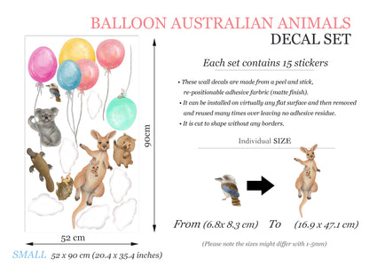 Australian Animals Flying with Balloon Kangaroo Koala Removable Nursery Wall Decal - BR489