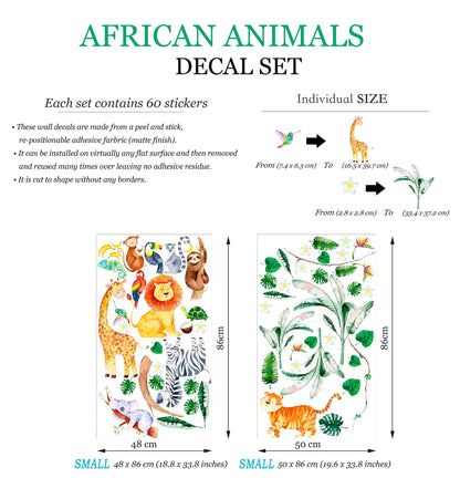 African Animals and Plants Wall Decal - Giraffe Lion Coconut Trees Koala Zebra Monkey - BR263