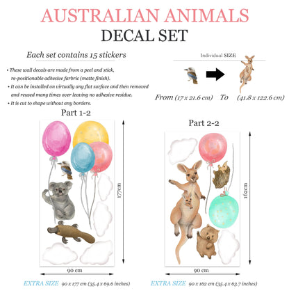 Australian Animals Flying with Balloon Kangaroo Koala Removable Nursery Wall Decal - BR489