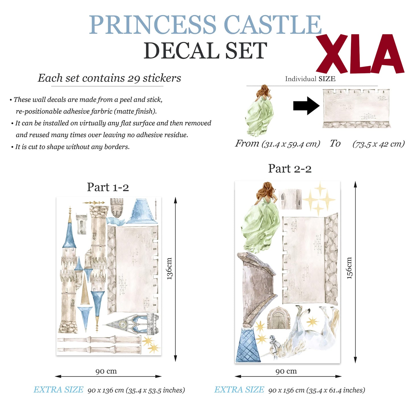 Enchanting Princess Castle Wall Decal Set - Sparkling Stars, Running Princess, and Gallant White Horse - Dreamy Room Decor for Girls - BR181