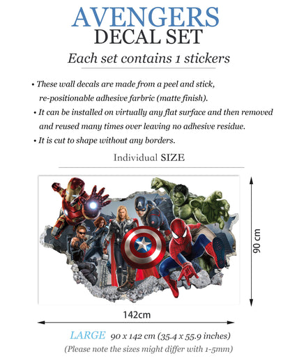 Avengers Hulk Spiderman Iron Man Thor Captain America 3D Wall Decal – Removable Superhero Sticker for Boys Room Playroom Wall Art