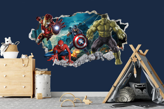 Avengers wall decal with Hulk, Spiderman, Ironman, and Captain America bursting through a wall in a navy blue kids&#39; room
